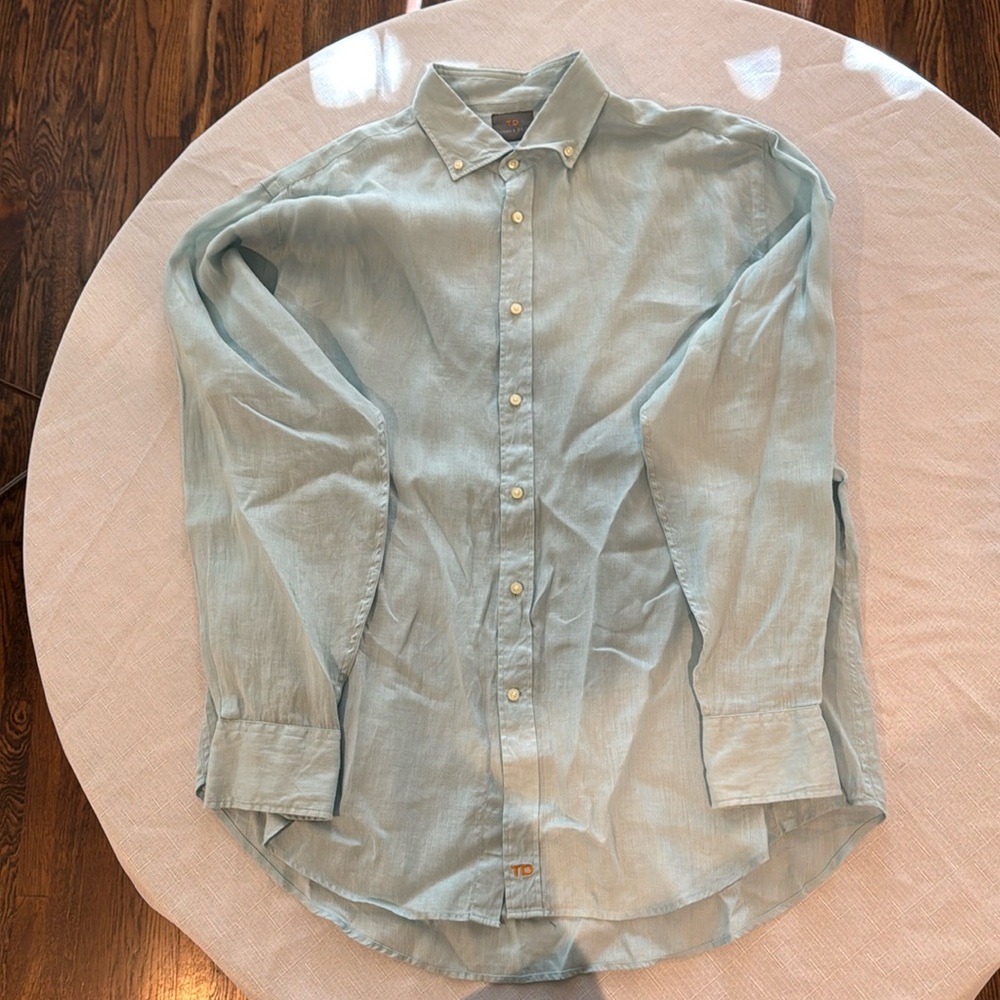 Thomas Dean aqua blue/green linen button down shirt XL
